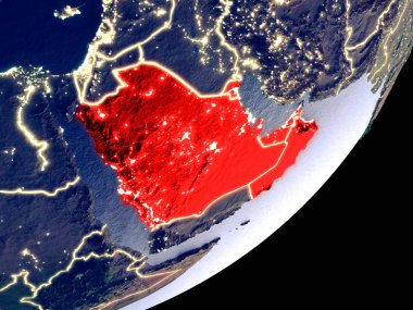 Ccasg ülkeler dünya model gece uzaydan. Plastik gezegenin yüzey ve görünür parlak ışıklar çok ince ayrıntı. 3D çizim. Nasa tarafından döşenmiş bu görüntü unsurları.