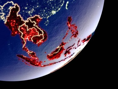 ASEAN ülkeleri dünya model gece uzaydan. Plastik gezegenin yüzey ve görünür parlak ışıklar çok ince ayrıntı. 3D çizim. Nasa tarafından döşenmiş bu görüntü unsurları.