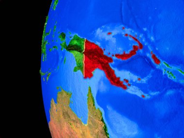 Papua Yeni Gine gerçekçi modeli bir ülke sınırları ve detaylı gezegenin yüzeyi ile dünya gezegeni uzaydan. 3D çizim. Nasa tarafından döşenmiş bu görüntü unsurları.