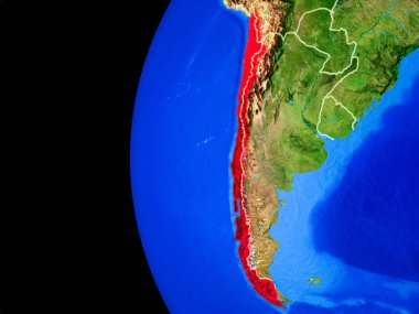 Şili gerçekçi modeli bir ülke sınırları ve detaylı gezegenin yüzeyi ile dünya gezegeni uzaydan. 3D çizim. Nasa tarafından döşenmiş bu görüntü unsurları.