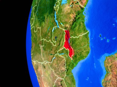 Malavi gerçekçi modeli bir ülke sınırları ve detaylı gezegenin yüzeyi ile dünya gezegeni uzaydan. 3D çizim. Nasa tarafından döşenmiş bu görüntü unsurları.
