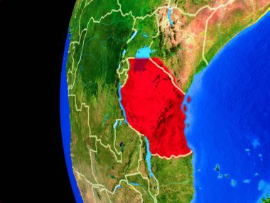 Tanzanya gerçekçi modeli bir ülke sınırları ve detaylı gezegenin yüzeyi ile dünya gezegeni uzaydan. 3D çizim. Nasa tarafından döşenmiş bu görüntü unsurları.