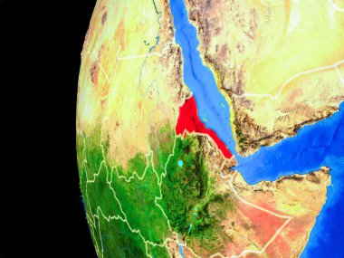 Eritre gerçekçi modeli bir ülke sınırları ve detaylı gezegenin yüzeyi ile dünya gezegeni uzaydan. 3D çizim. Nasa tarafından döşenmiş bu görüntü unsurları.