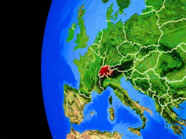 İsviçre gerçekçi modeli bir ülke sınırları ve detaylı gezegenin yüzeyi ile dünya gezegeni uzaydan. 3D çizim. Nasa tarafından döşenmiş bu görüntü unsurları.