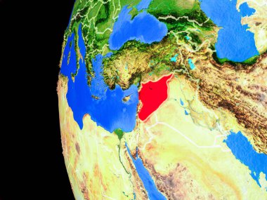 Suriye gerçekçi modeli bir ülke sınırları ve detaylı gezegenin yüzeyi ile dünya gezegeni uzaydan. 3D çizim. Nasa tarafından döşenmiş bu görüntü unsurları.