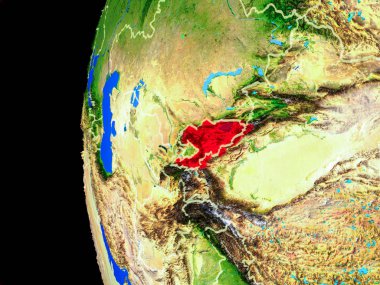 Kırgızistan gerçekçi modeli bir ülke sınırları ve detaylı gezegenin yüzeyi ile dünya gezegeni uzaydan. 3D çizim. Nasa tarafından döşenmiş bu görüntü unsurları.