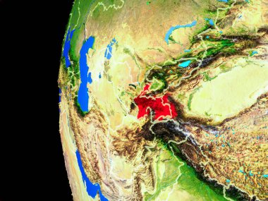 Tacikistan gerçekçi modeli bir ülke sınırları ve detaylı gezegenin yüzeyi ile dünya gezegeni uzaydan. 3D çizim. Nasa tarafından döşenmiş bu görüntü unsurları.