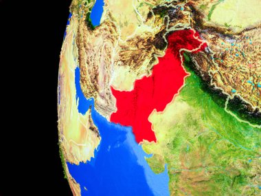 Pakistan gerçekçi modeli bir ülke sınırları ve detaylı gezegenin yüzeyi ile dünya gezegeni uzaydan. 3D çizim. Nasa tarafından döşenmiş bu görüntü unsurları.