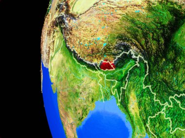 Bhutan gerçekçi modeli bir ülke sınırları ve detaylı gezegenin yüzeyi ile dünya gezegeni uzaydan. 3D çizim. Nasa tarafından döşenmiş bu görüntü unsurları.