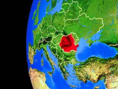 Romanya gerçekçi modeli bir ülke sınırları ve detaylı gezegenin yüzeyi ile dünya gezegeni uzaydan. 3D çizim. Nasa tarafından döşenmiş bu görüntü unsurları.