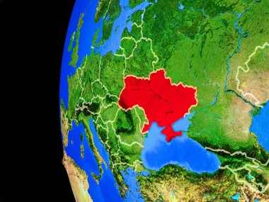 Ukrayna gerçekçi modeli bir ülke sınırları ve detaylı gezegenin yüzeyi ile dünya gezegeni uzaydan. 3D çizim. Nasa tarafından döşenmiş bu görüntü unsurları.