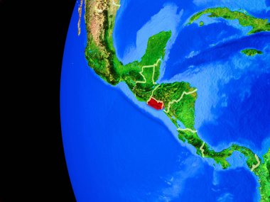 El Salvador gerçekçi modeli bir ülke sınırları ve detaylı gezegenin yüzeyi ile dünya gezegeni uzaydan. 3D çizim. Nasa tarafından döşenmiş bu görüntü unsurları.