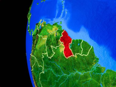 Guyana gerçekçi modeli bir ülke sınırları ve detaylı gezegenin yüzeyi ile dünya gezegeni uzaydan. 3D çizim. Nasa tarafından döşenmiş bu görüntü unsurları.