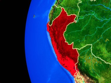 Peru gerçekçi modeli bir ülke sınırları ve detaylı gezegenin yüzeyi ile dünya gezegeni uzaydan. 3D çizim. Nasa tarafından döşenmiş bu görüntü unsurları.