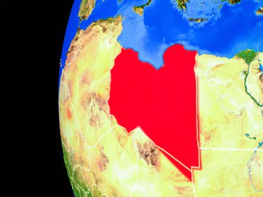 Libya gerçekçi modeli bir ülke sınırları ve detaylı gezegenin yüzeyi ile dünya gezegeni uzaydan. 3D çizim. Nasa tarafından döşenmiş bu görüntü unsurları.