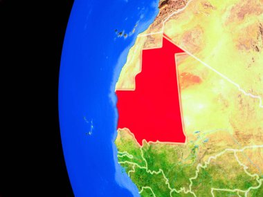 Moritanya gerçekçi modeli bir ülke sınırları ve detaylı gezegenin yüzeyi ile dünya gezegeni uzaydan. 3D çizim. Nasa tarafından döşenmiş bu görüntü unsurları.
