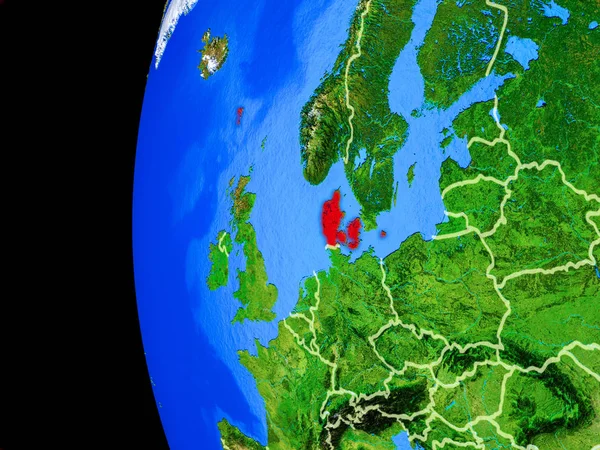 Denmark from space on realistic model of planet Earth with country borders and detailed planet surface. 3D illustration. Elements of this image furnished by NASA.