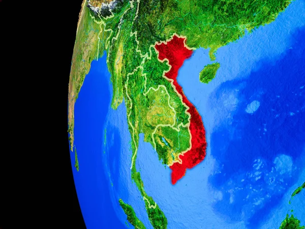 Vietnam from space on realistic model of planet Earth with country borders and detailed planet surface. 3D illustration. Elements of this image furnished by NASA.