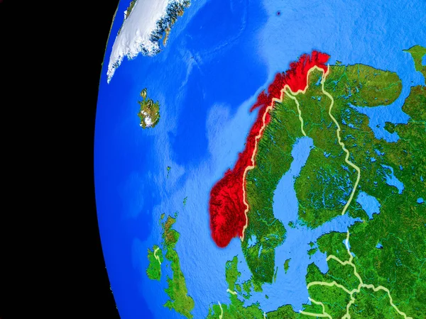 挪威从太空上对现实的行星地球模型进行了与国家边界和详细的行星表面 美国宇航局提供的这张图片的元素 — 图库照片