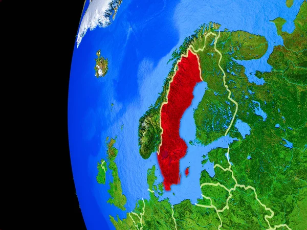 Svédország Űrből Reális Modell Föld Bolygó Részletes Bolygó Felszínén Ország — Stock Fotó