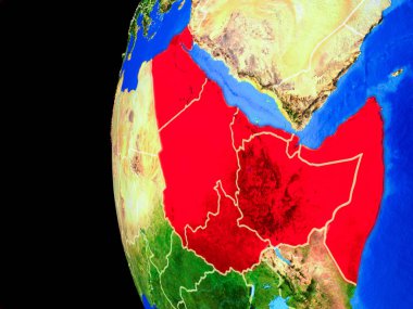 Kuzeydoğu Afrika gerçekçi modeli bir ülke sınırları ve detaylı gezegenin yüzeyi ile dünya gezegeni uzaydan. 3D çizim. Nasa tarafından döşenmiş bu görüntü unsurları.