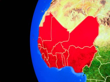 Batı Afrika gerçekçi modeli bir ülke sınırları ve detaylı gezegenin yüzeyi ile dünya gezegeni uzaydan. 3D çizim. Nasa tarafından döşenmiş bu görüntü unsurları.