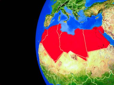 Kuzey Afrika gerçekçi modeli bir ülke sınırları ve detaylı gezegenin yüzeyi ile dünya gezegeni uzaydan. 3D çizim. Nasa tarafından döşenmiş bu görüntü unsurları.