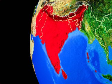 Güney Asya gerçekçi modeli bir ülke sınırları ve detaylı gezegenin yüzeyi ile dünya gezegeni uzaydan. 3D çizim. Nasa tarafından döşenmiş bu görüntü unsurları.