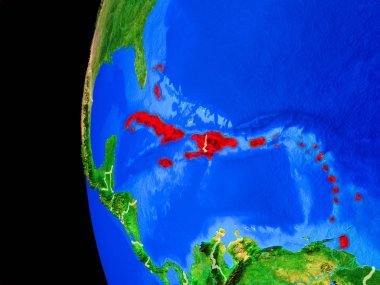 Karayipler gerçekçi modeli bir ülke sınırları ve detaylı gezegenin yüzeyi ile dünya gezegeni uzaydan. 3D çizim. Nasa tarafından döşenmiş bu görüntü unsurları.
