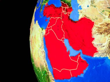 Batı Asya gerçekçi modeli bir ülke sınırları ve detaylı gezegenin yüzeyi ile dünya gezegeni uzaydan. 3D çizim. Nasa tarafından döşenmiş bu görüntü unsurları.