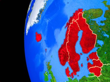Gerçekçi bir model ülke sınırları ve detaylı gezegenin yüzeyi ile dünya gezegeni üzerinde alan Kuzey Avrupa'dan. 3D çizim. Nasa tarafından döşenmiş bu görüntü unsurları.