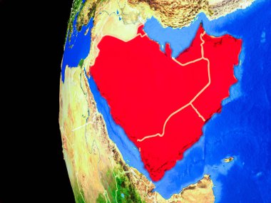 Arabistan gerçekçi modeli bir ülke sınırları ve detaylı gezegenin yüzeyi ile dünya gezegeni uzaydan. 3D çizim. Nasa tarafından döşenmiş bu görüntü unsurları.