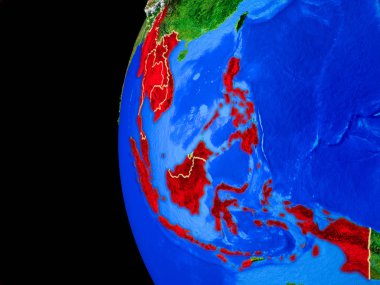 ASEAN ülkeleri gerçekçi modeli bir ülke sınırları ve detaylı gezegenin yüzeyi ile dünya gezegeni uzaydan. 3D çizim. Nasa tarafından döşenmiş bu görüntü unsurları.