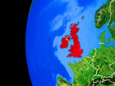 Britanya Adaları gerçekçi modeli bir ülke sınırları ve detaylı gezegenin yüzeyi ile dünya gezegeni uzaydan. 3D çizim. Nasa tarafından döşenmiş bu görüntü unsurları.