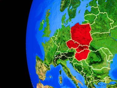 Gerçekçi modeli bir ülke sınırları ve detaylı gezegenin yüzeyi ile dünya gezegeni uzaydan Visegrad Grubu. 3D çizim. Nasa tarafından döşenmiş bu görüntü unsurları.