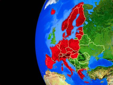 Schengen alanı üyelerinden gerçekçi bir model ülke sınırları ve detaylı gezegenin yüzeyi ile dünya gezegeni üzerinde yer. 3D çizim. Nasa tarafından döşenmiş bu görüntü unsurları.