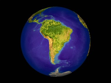Güney Amerika modeli bir ülke sınırları ile dünya gezegeni uzaydan. Çok ince ayrıntı plastik gezegenin yüzey ve okyanuslar. 3D çizim. Nasa tarafından döşenmiş bu görüntü unsurları.