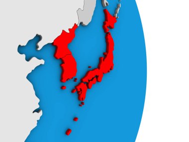 Japonya ve Kore basit siyasi 3d dünya üzerinde. 3D çizim.