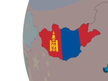 Moğolistan ulusal bayrak mavi siyasi 3d dünya üzerinde. 3D çizim.