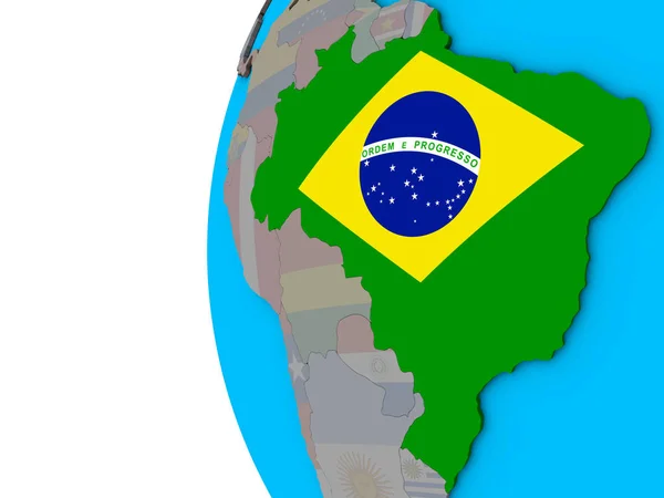 Бразилия Национальным Флагом Голубом Политическом Глобусе Иллюстрация — стоковое фото