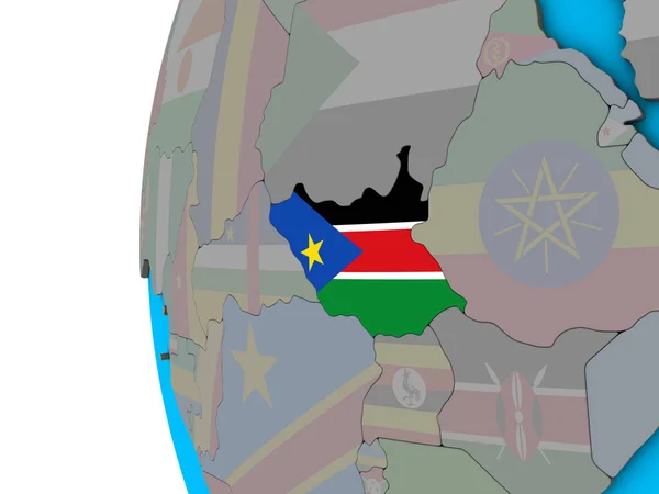 Sudan Del Sud Con Bandiera Nazionale Sul Globo Blu Politico — Foto Stock