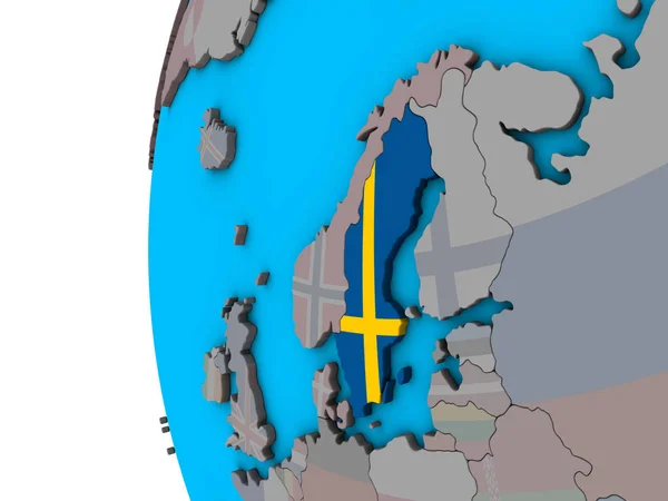Швеция Национальным Флагом Голубом Политическом Глобусе Иллюстрация — стоковое фото