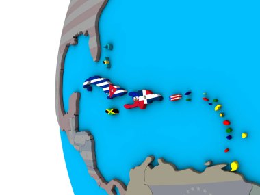 Karayipler mavi siyasi 3d dünya Ulusal bayrakları ile. 3D çizim.