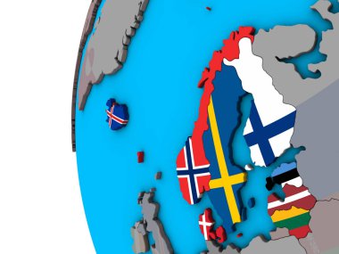 Kuzey Avrupa Mavi siyasi 3d dünya Ulusal bayrakları ile. 3D çizim.