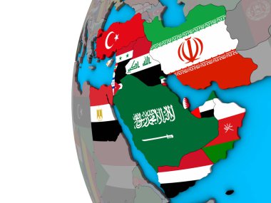 Mavi siyasi 3d dünya Ulusal bayrakları ile Orta Doğu. 3D çizim.