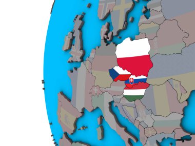 Mavi siyasi 3d dünya Ulusal bayrakları ile Visegrad Grubu. 3D çizim.
