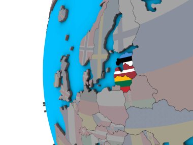 Mavi siyasi 3d dünya Ulusal bayrakları ile Baltık ülkeleri. 3D çizim.