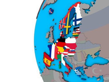Schengen alanı üyeleri mavi siyasi 3d dünya Ulusal bayrakları ile. 3D çizim.
