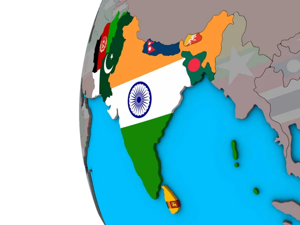 Asia Meridional Con Banderas Nacionales Mundo Político Azul Ilustración — Foto de Stock