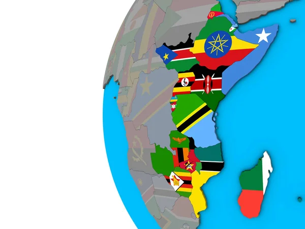 Africa Orientale Con Bandiere Nazionali Sul Globo Blu Politico Illustrazione — Foto Stock